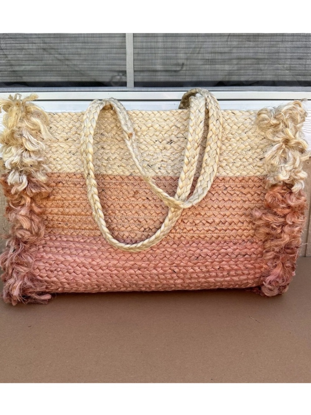 Shiraleah Chiara Ombré Jute Tote Bag Fringe Beach Cruise Pink Coral Peach NWOT